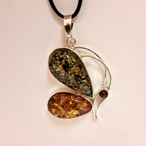 HWG-2418 Pendant Butterfly Green and Rum Amber $212 at Hunter Wolff Gallery